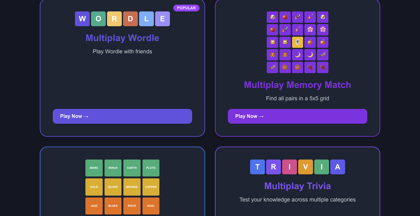 Graham Makes Games website showcasing multiplayer party games including Wordle, Memory Match, Connect, and Trivia