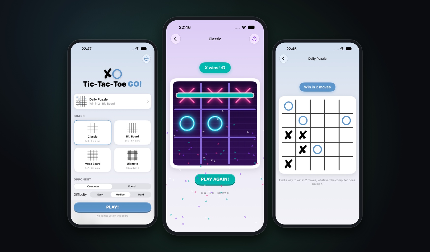 Tic-Tac-Toe GO! on iPhone — the home screen, a win in the Neon theme, and the daily puzzle